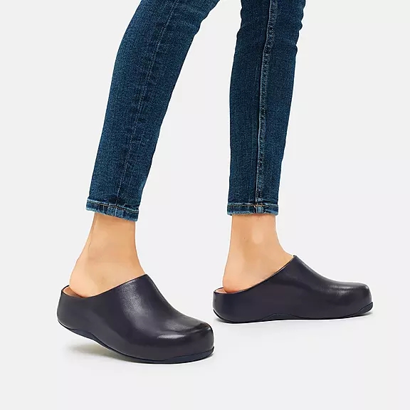 FitFlop SHUV Cuir Sabots Bleu Marine | 27360261
